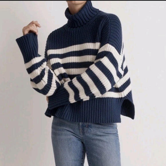 Madewell Sweaters - Madewell Wide Rib Turtleneck Crop Sweater New Sz S Oversized Striped Blue Cream